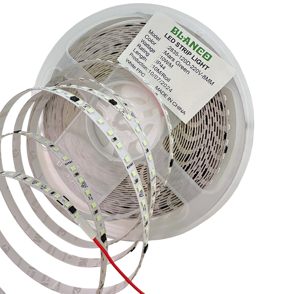 BLANCO LED Strip Light 2835 – 120D – 220V – 8MM, 10W/M, IP44 – 10M Roll