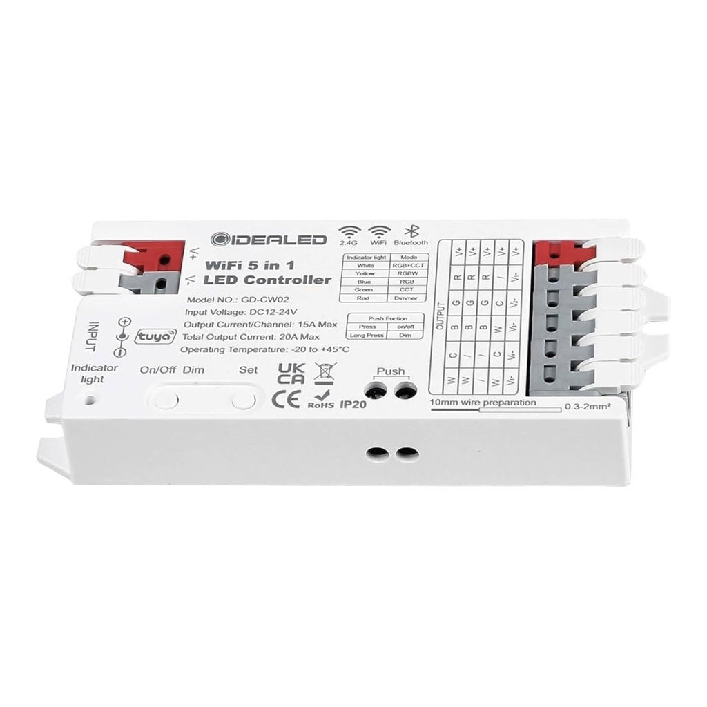 5-in-1 Smart WiFi LED Controller – RGB+CCT / RGBW / RGB / CCT / Single Color (DC12–24V)