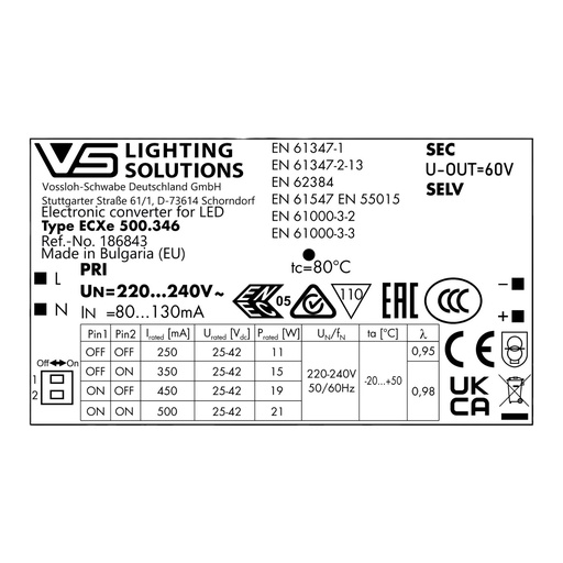 Vossloh-Schwabe EasyLine DIP Switch C-R5 Constant Current LED Driver 11-21W - Selectable Output Current